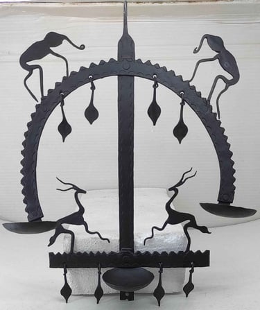 "Tribal oil lamp with elephant face pattern–iron hanging light-Export-ready"