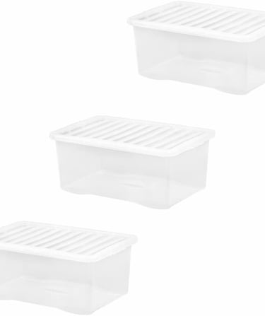 a set of three plastic storage boxes with a white plastic lid