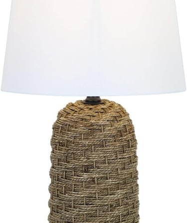 Rustic woven rope table lamp with a natural fiber base and a white tapered fabric drum shade.