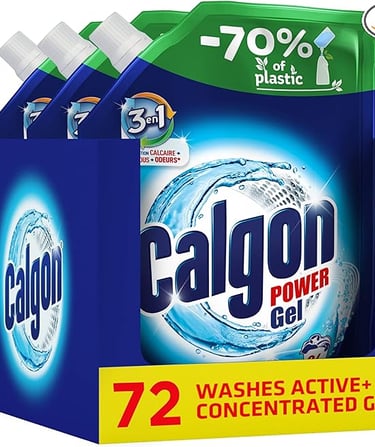 Calgon Power Gel 3-in-1 water softener 3-pack in 72-wash eco-friendly pouches.