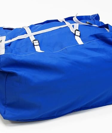 a blue duffel bag with a white background