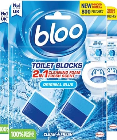 a bunch of toilet blocks with blue and white
