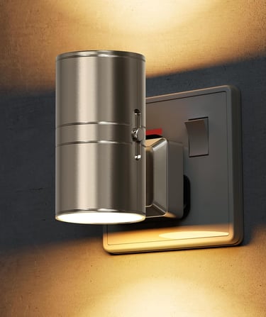 Modern brushed metal plug-in wall light with an adjustable cylinder lampshade casting warm LED light.