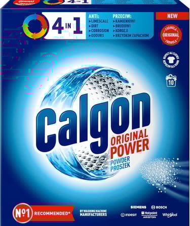 Calgon Original Power 4-in-1 washing machine water softener powder box against limescale and odors.