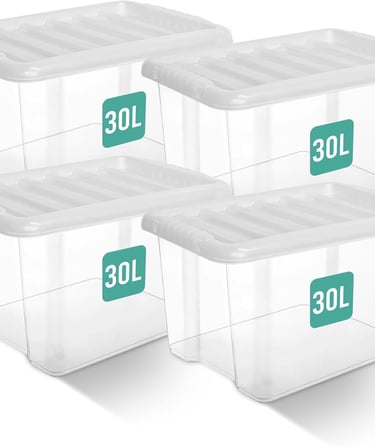 a set of three clear plastic storage boxes with 30l capacity