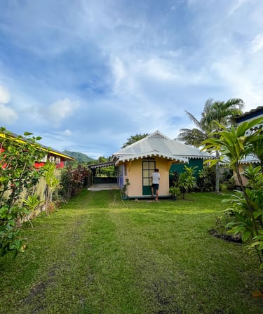 accommodation surrounded by lush greenery on the island of Huahine, French Polynesia.