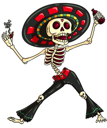 A happy male skeleton dancing with a beer celebrating day of the dead or halloween mexican sombrero