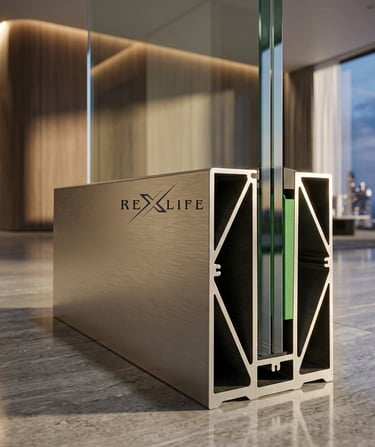 Rexlife frameless glass railing base shoe profile in a luxury modern interior setting.