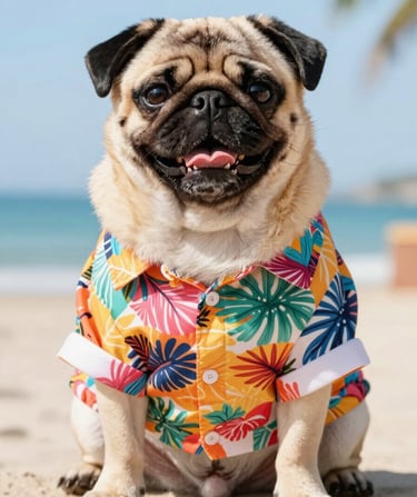 Un adorable carlino con una colorida camisa hawaiana de flores tropicales en una playa soleada.