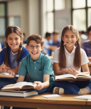Middle school students collaborating on a science project in a modern classroom.