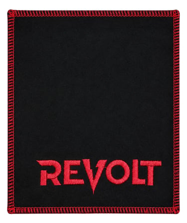 Black leather bowling shammy pad with red embroidery and outline stitching