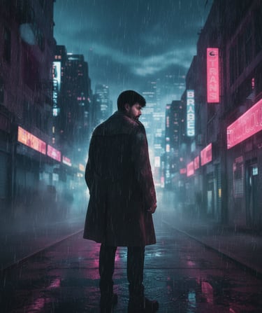 Man in a dark rainy street alley.