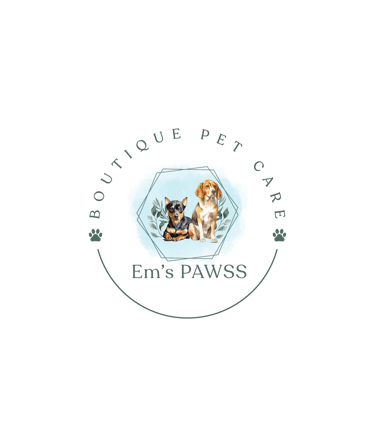 Boutique pet care logo for Em's PAWSS featuring a watercolor illustration of a beagle and a small black dog.