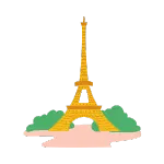 Golden Eiffel Tower illustration in Paris with green trees and a pink path on a black background.