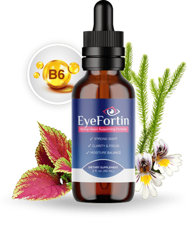 EyeFortin vision supplement dropper bottle with Vitamin B6 and herbal ingredients for eye health.