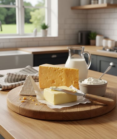 Rustic wooden board with Yorkshire butter, cheese, cream, and milk in a farmhouse kitchen