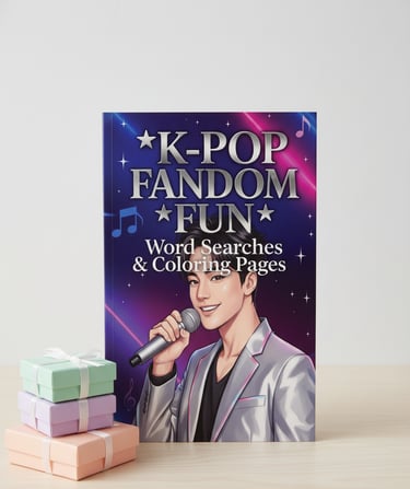 k-pop fandom fun, k-pop word search, k-pop coloring book, k-pop activity book, unofficial fan puzzle book, fantasy hunt