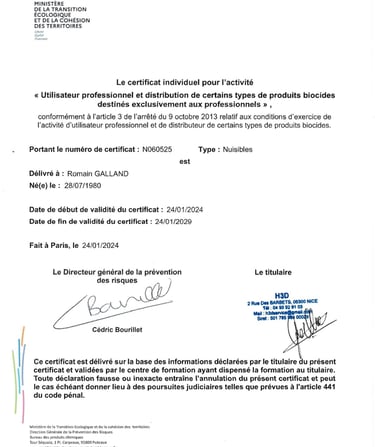 certification pour la désinsectisation a nice