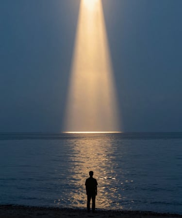 A quiet silhouette of a person standing at the edge of a calm ocean at golden hour, a single vertical beam of solar light piercing the sky, minimalist.