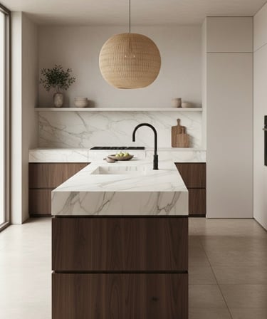 Cocina minimalista moderna a medida con isla en acabado mármol blanco y muebles marrones