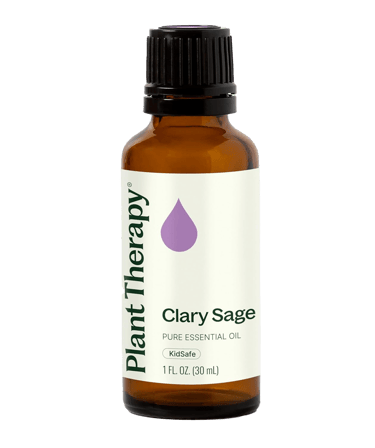 Plant Therapy Clary Sage essential oil in a 1 oz amber bottle, marked KidSafe.