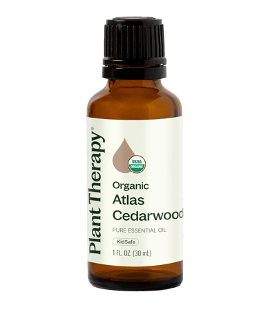 Plant Therapy Organic Atlas Cedarwood essential oil with USDA Organic and KidSafe labels.