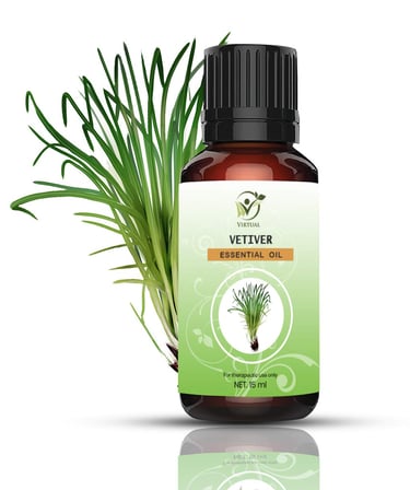 Vetiver Essential Oil bottle next to Vetiver plant