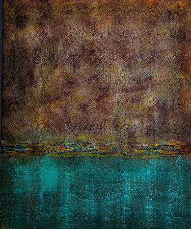 Abstract landscape. Mixed media on wood. Abstract artwork Ditchling East Sussex. Laurence Moracchini artist.