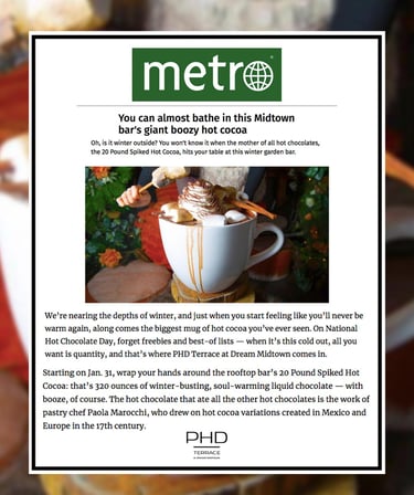 a boozy hot chocolate being served at a rooftop bar in nyc 