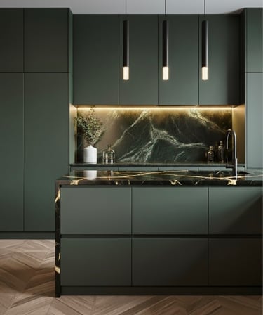 Cocina de lujo moderna a medida con isla en acabado mármol verde