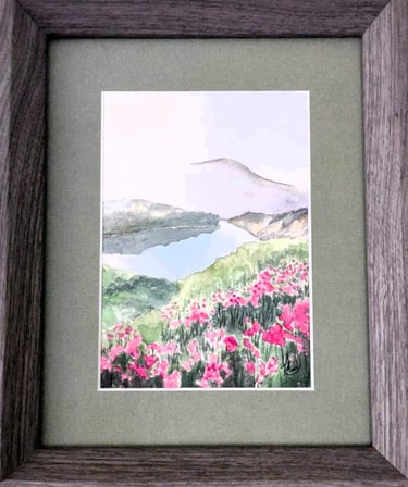 a picture of a painting of a mountain and flowers