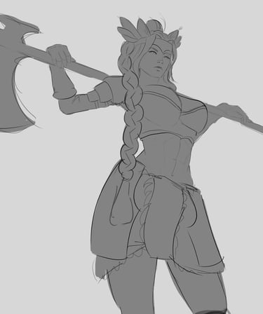 a woman in a dress and a hat with a large axe