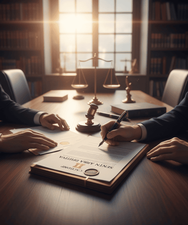 Mesa de escritório com documentos sendo assinados e uma balança da justiça ao fundo, representando o