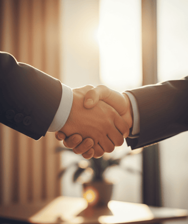 Aperto de mãos formal entre duas pessoas, simbolizando um acordo alcançado através da conciliação.