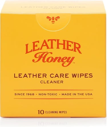 a box of leather care wipes with leatherettery