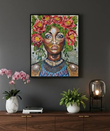 Tableau Portrait Hybride "Shade" par Xirkys : visage féminin couronné de fleurs rouges et feuillage.