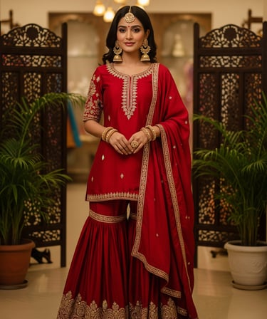 A woman wearing a red embroidered sharara suit with gold jewelry and a dupatta.