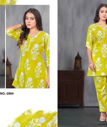 Woman wearing a lime green floral print cotton kurti and pant set for ethnic fashion.