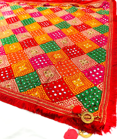 Handcrafted colorful Phulkari dupatta with traditional embroidery and mirror work detailing.