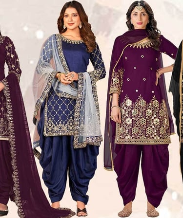 Six women wearing embroidered Punjabi salwar kameez suits in various colors with matching dupattas.