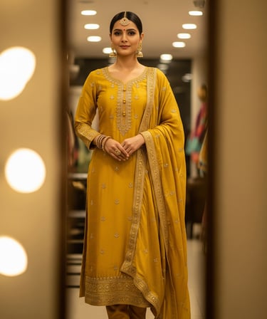 Woman wearing an elegant mustard yellow embroidered salwar kameez with traditional Indian jewelry.