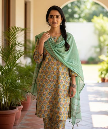 A woman wearing a yellow floral print cotton salwar kameez with a green dupatta.