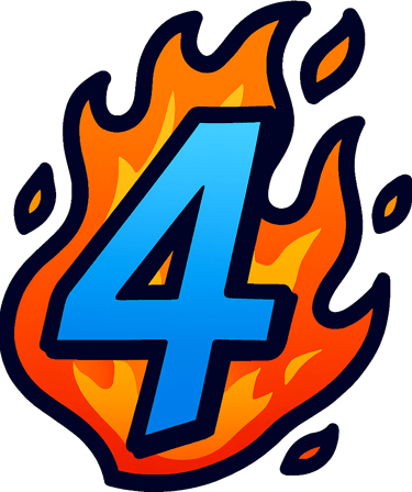 A bold blue number four graphic surrounded by vibrant orange and yellow flames.