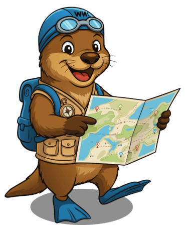 De vrolijke otter mascotte van NextWave zwemschool in Liedekerke met zwembril en badmuts.