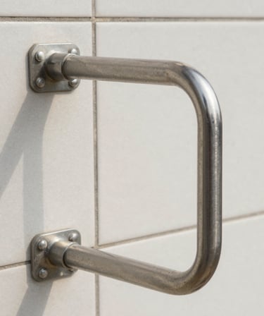 Straight-on architectural close-up of a securely installed stainless steel grab rail on a neat tiled wall, bright daylight, emphasizing clean lines and solid structural mounting.