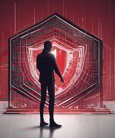 A sleek digital dashboard displaying real-time cybersecurity risk metrics with red and black accents.