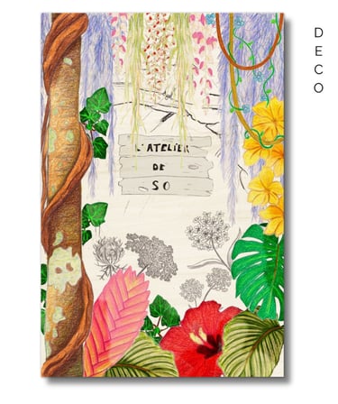 illustration au crayon de couleur pour boutique de fleuriste, imprimée sur bois FSC