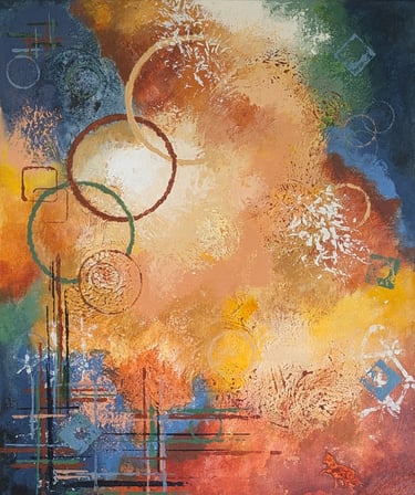 abstract textured painting in sienna, blue and green