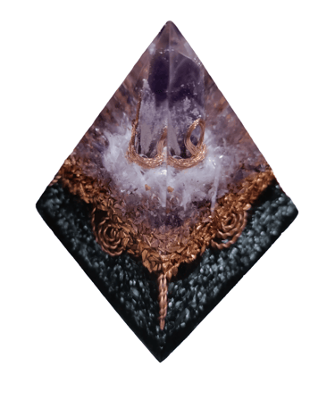 Handcrafted amethyst crystal orgone pyramid with copper wire and black tourmaline base for energy healing.