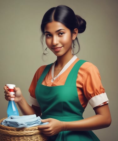 a woman in a green apron holding a basket with a bottle of cleaner